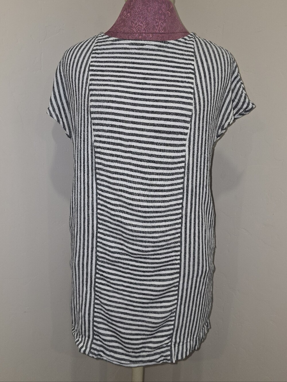 Madewell Stripe-Play Button-Back Tee Linen Blend Mini Dress Gray White Size S